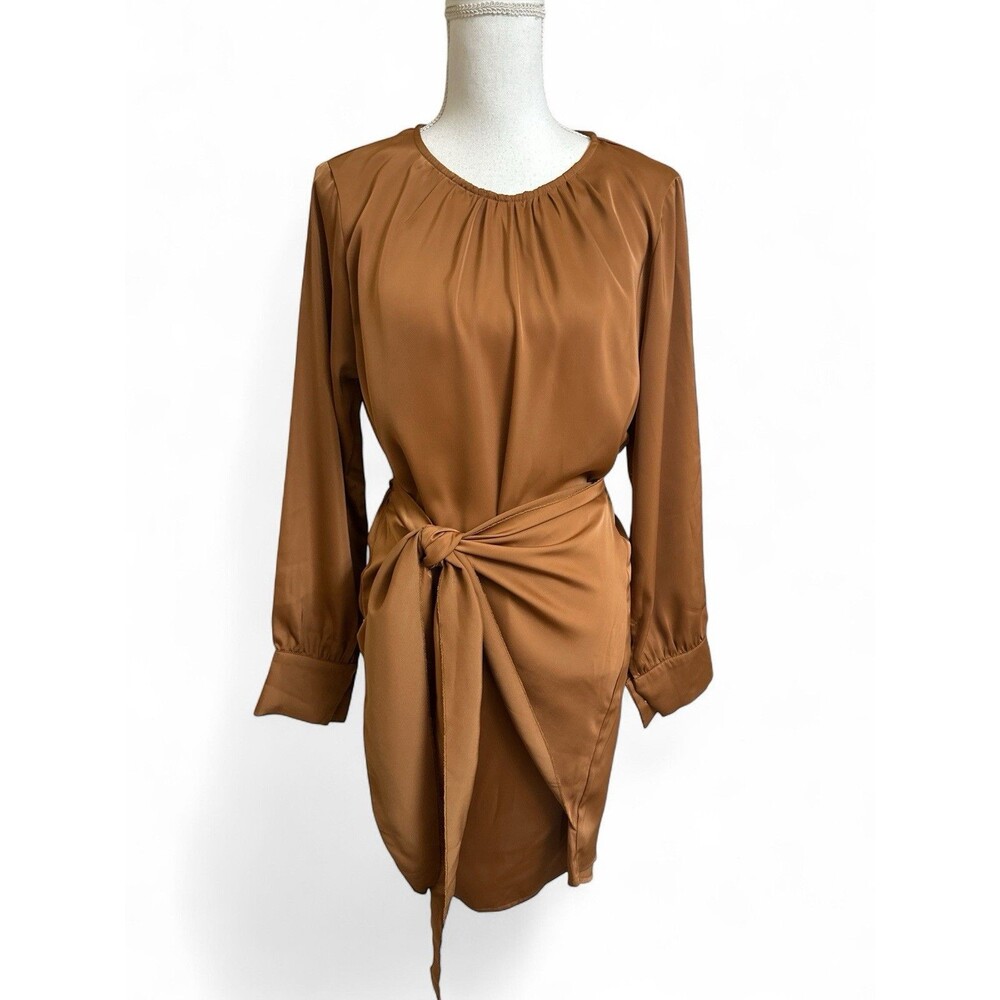 NWT PrettyGarden Women's M Long Sleeve Satin Brown Knee Length Dress NEW